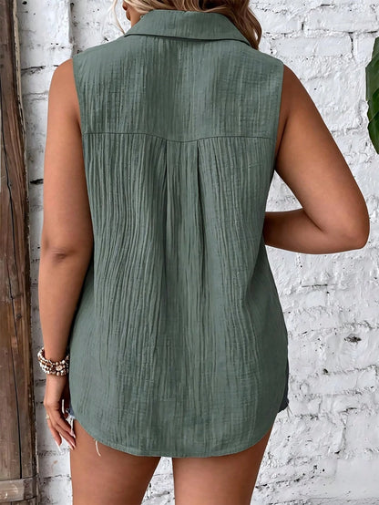 LUNE CURVE Plus-Size Women's Solid Color Single-Breasted Sleeveless Casual Cotton Shirt, Summer Women, Vacation, Linen Top