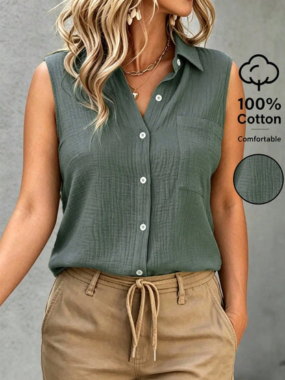 LUNE CURVE Plus-Size Women's Solid Color Single-Breasted Sleeveless Casual Cotton Shirt, Summer Women, Vacation, Linen Top