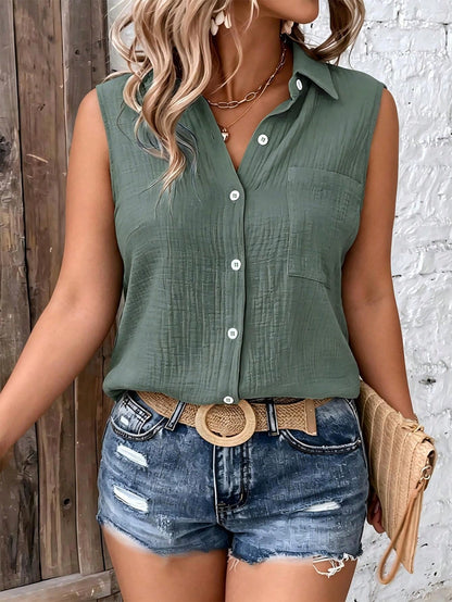 LUNE CURVE Plus-Size Women's Solid Color Single-Breasted Sleeveless Casual Cotton Shirt, Summer Women, Vacation, Linen Top