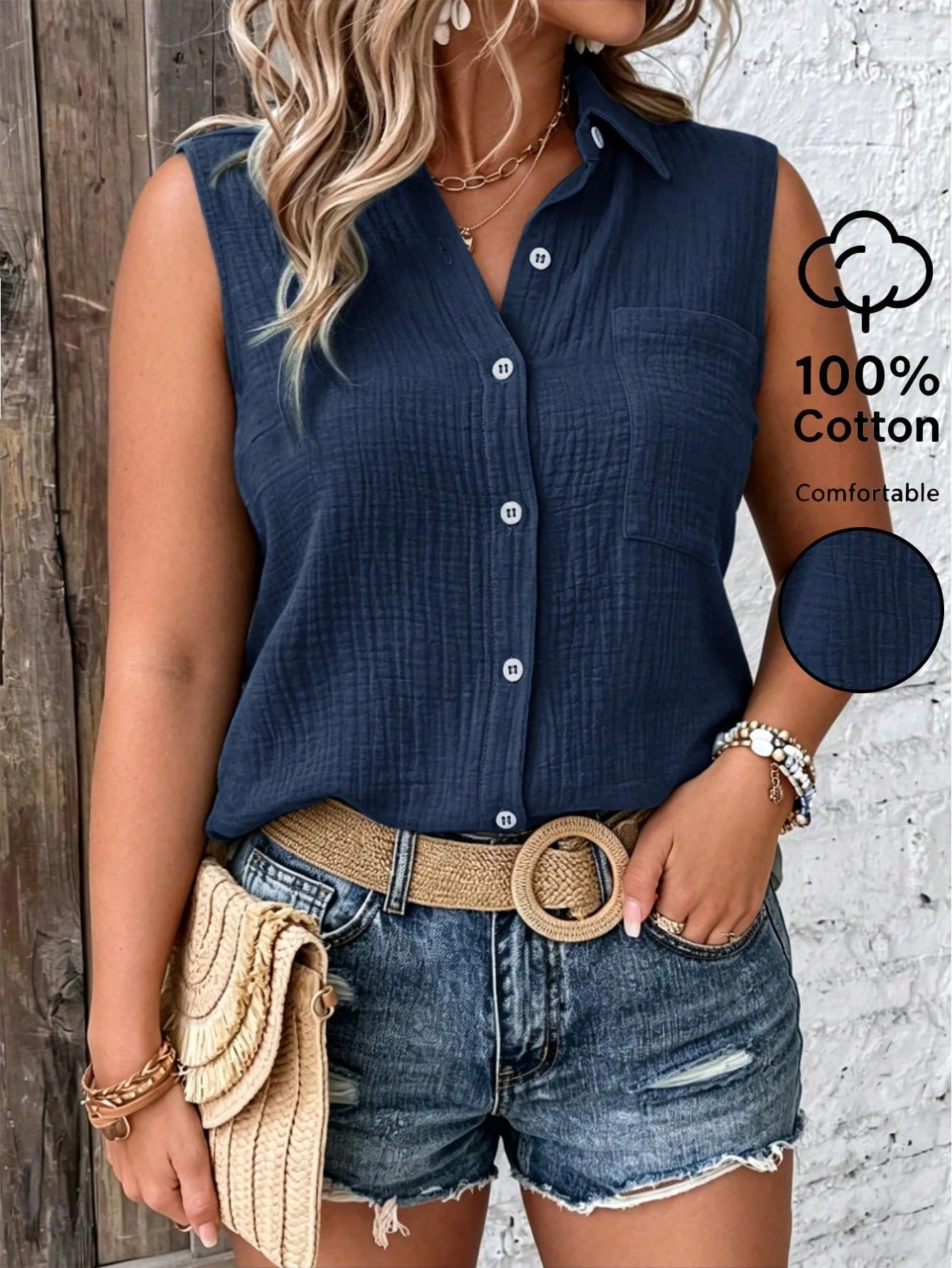 LUNE CURVE Plus-Size Women's Solid Color Single-Breasted Sleeveless Casual Cotton Shirt, Summer Women, Vacation, Linen Top