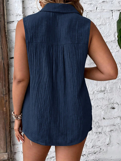 LUNE CURVE Plus-Size Women's Solid Color Single-Breasted Sleeveless Casual Cotton Shirt, Summer Women, Vacation, Linen Top