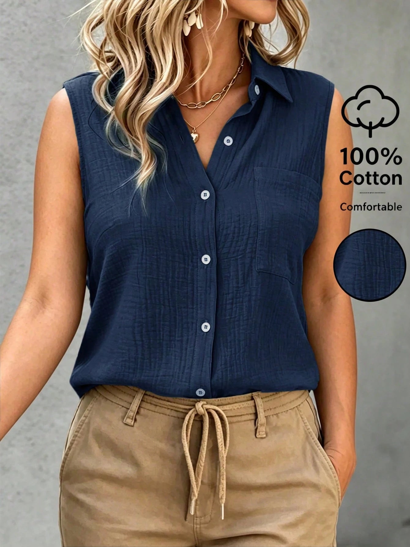 LUNE CURVE Plus-Size Women's Solid Color Single-Breasted Sleeveless Casual Cotton Shirt, Summer Women, Vacation, Linen Top