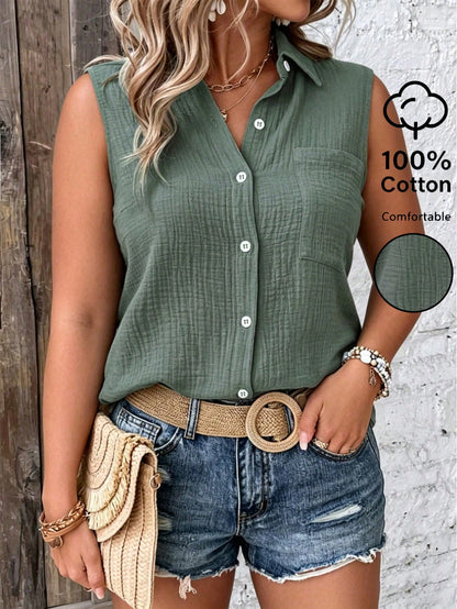 LUNE CURVE Plus-Size Women's Solid Color Single-Breasted Sleeveless Casual Cotton Shirt, Summer Women, Vacation, Linen Top