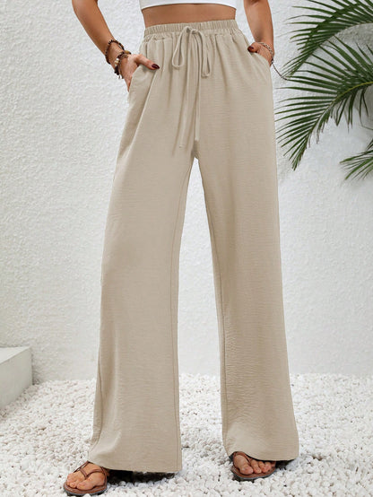 LUNE Drawstring Waist Slant Pocket Wide Leg Pants Fall Cloth For Women