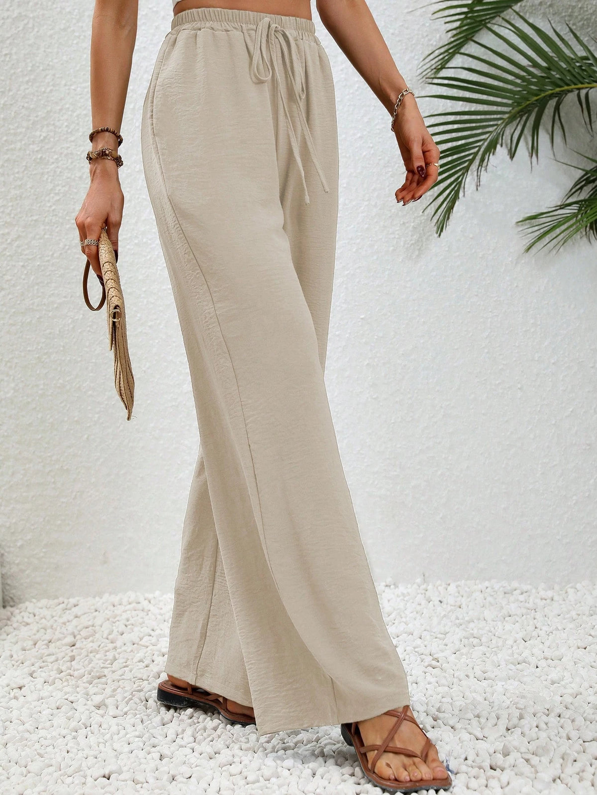 LUNE Drawstring Waist Slant Pocket Wide Leg Pants Fall Cloth For Women