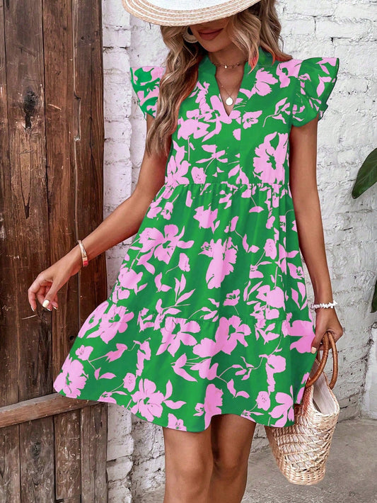 LUNE Floral Print Notched Neck Ruffle Trim Smock Dress