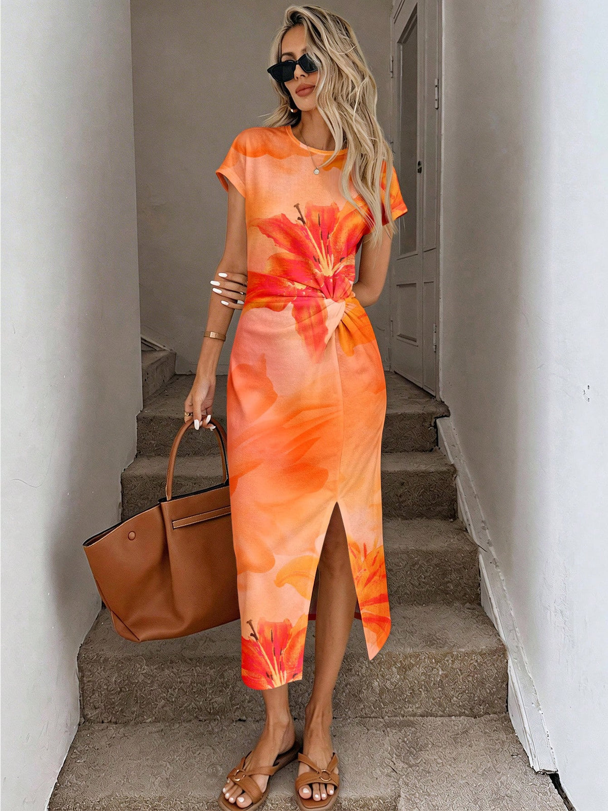 LUNE Orange Floral Summer Casual Tropical Elegant Holiday Vacation Floral Pattern Twist Waist High Slit Sleeveless Midi Dress,Women Knit Texture Outfit