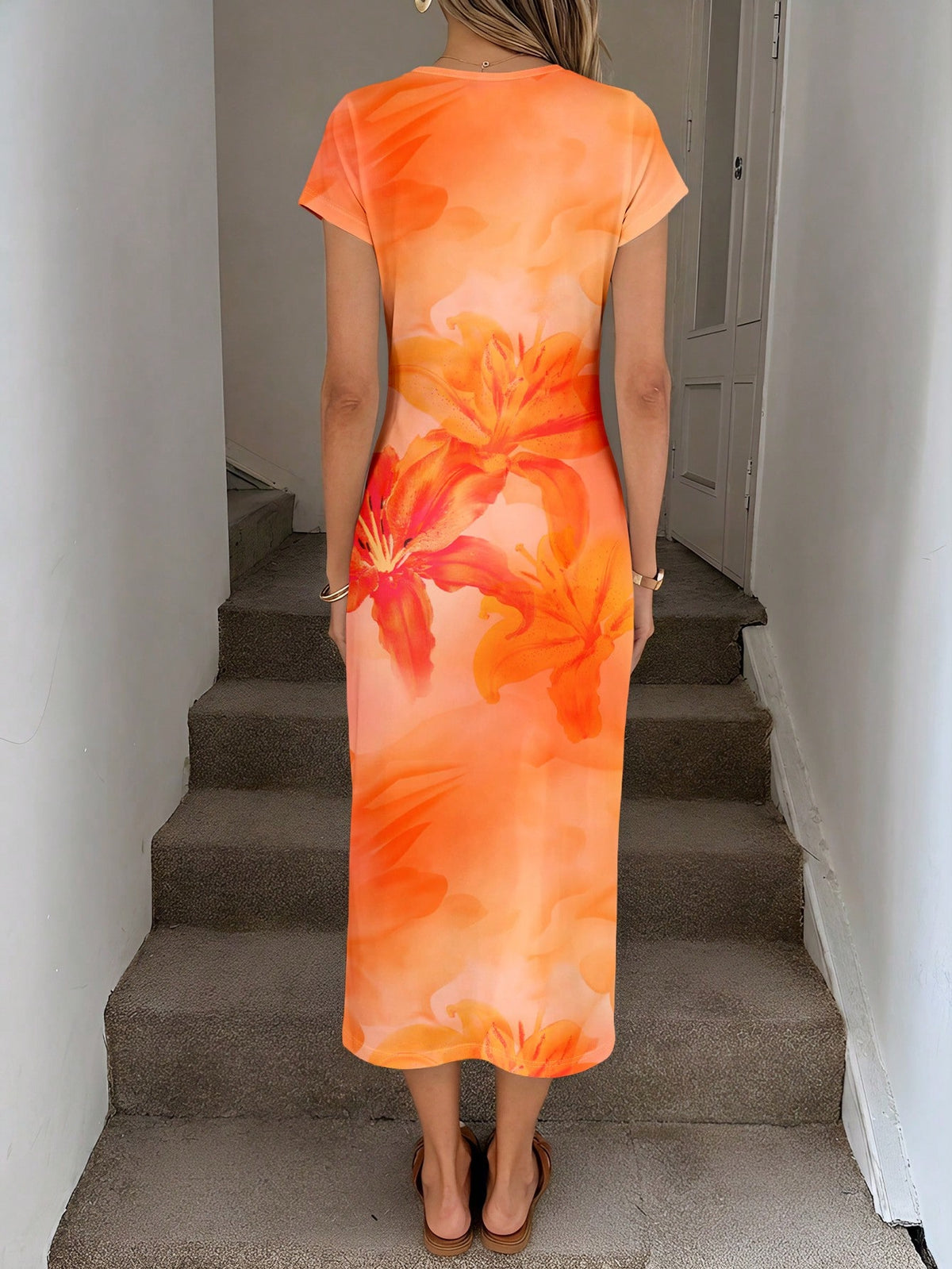 LUNE Orange Floral Summer Casual Tropical Elegant Holiday Vacation Floral Pattern Twist Waist High Slit Sleeveless Midi Dress,Women Knit Texture Outfit
