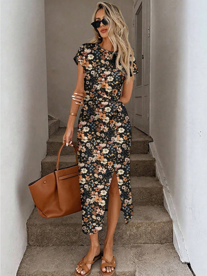 LUNE Orange Floral Summer Casual Tropical Elegant Holiday Vacation Floral Pattern Twist Waist High Slit Sleeveless Midi Dress,Women Knit Texture Outfit