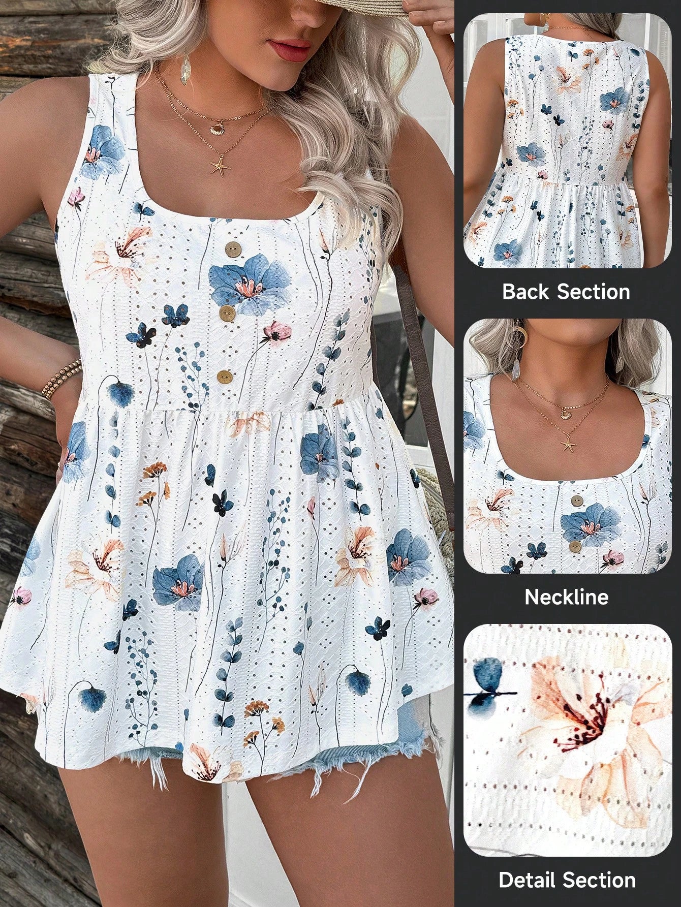 LUNE Plus Size Textured Knit Floral Print Embroidered Sleeveless Fitted Tank Top Vacation Style School Country Cottage Core Goth Teacher Office Summer