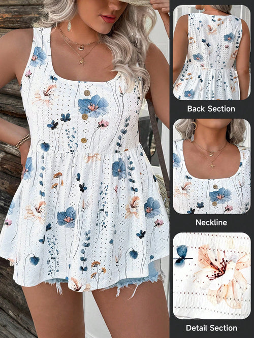 LUNE Plus Size Textured Knit Floral Print Embroidered Sleeveless Fitted Tank Top Vacation Style School Country Cottage Core Goth Teacher Office Summer
