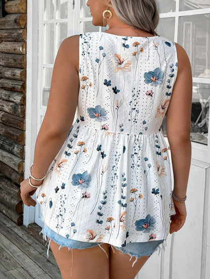LUNE Plus Size Textured Knit Floral Print Embroidered Sleeveless Fitted Tank Top Vacation Style School Country Cottage Core Goth Teacher Office Summer
