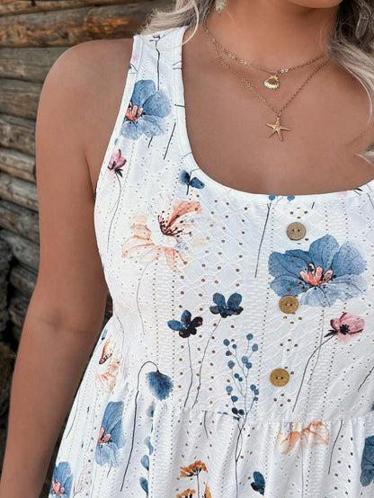 LUNE Plus Size Textured Knit Floral Print Embroidered Sleeveless Fitted Tank Top Vacation Style School Country Cottage Core Goth Teacher Office Summer