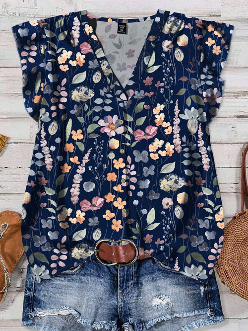 LUNE Plus Size Women Navy Blue Boho Ditsy Floral Flutter Sleeve Blouse,Elegant Summer Vacation Holiday Vintage Flower Loose Blouses With Button Closure