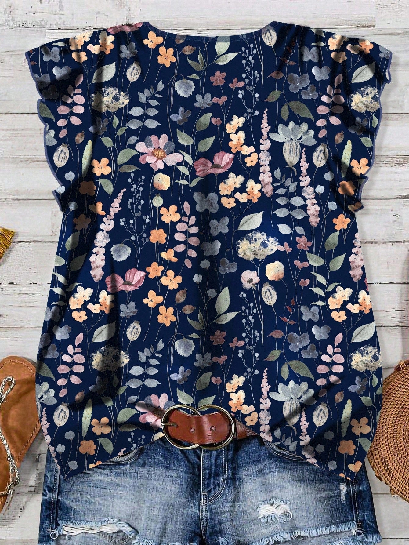 LUNE Plus Size Women Navy Blue Boho Ditsy Floral Flutter Sleeve Blouse,Elegant Summer Vacation Holiday Vintage Flower Loose Blouses With Button Closure