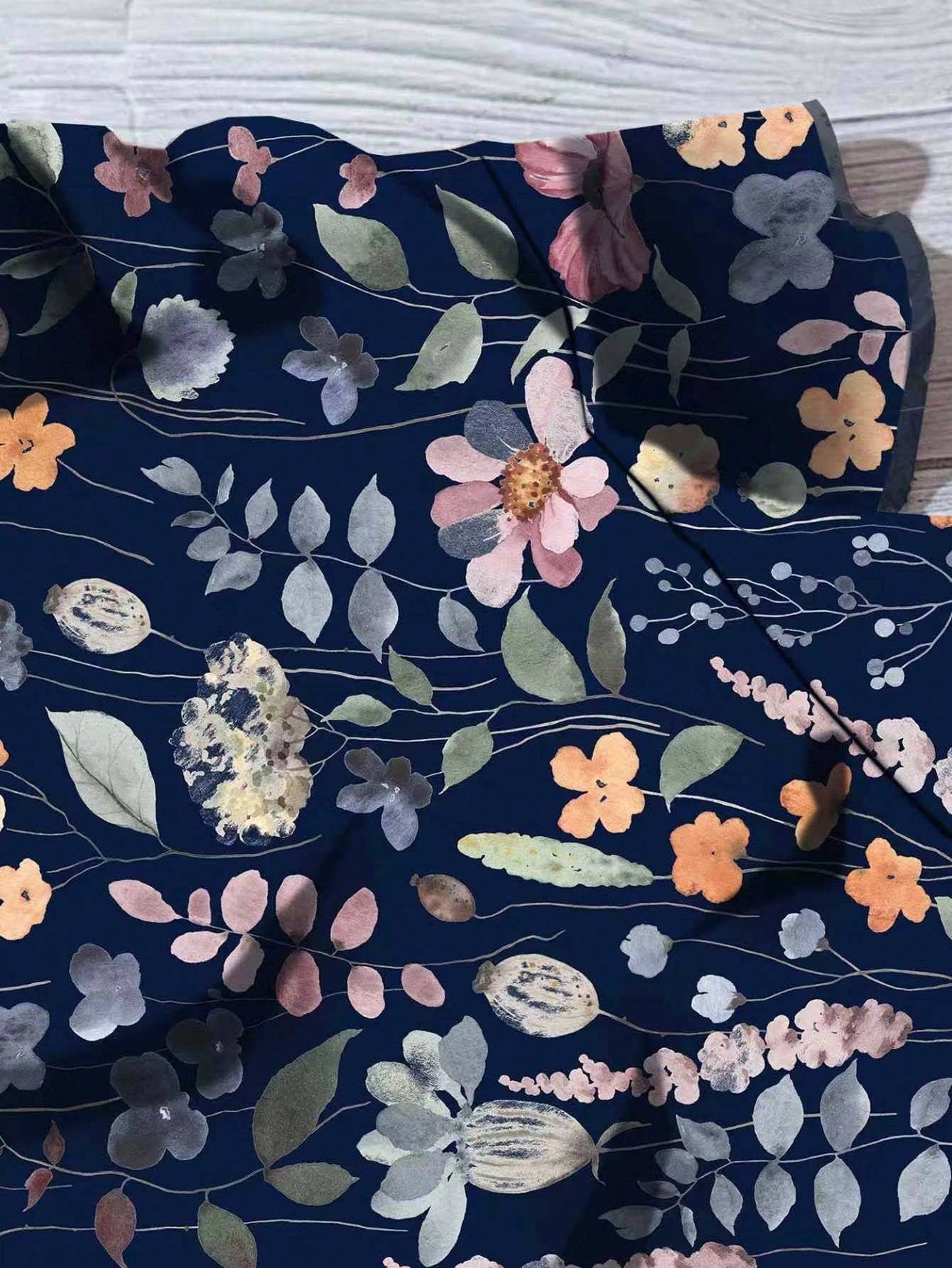 LUNE Plus Size Women Navy Blue Boho Ditsy Floral Flutter Sleeve Blouse,Elegant Summer Vacation Holiday Vintage Flower Loose Blouses With Button Closure