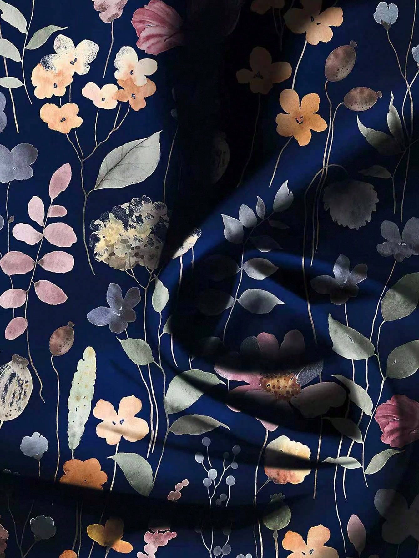 LUNE Plus Size Women Navy Blue Boho Ditsy Floral Flutter Sleeve Blouse,Elegant Summer Vacation Holiday Vintage Flower Loose Blouses With Button Closure