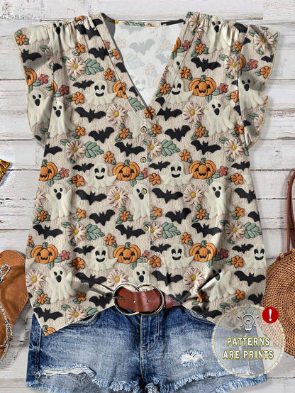 LUNE Plus Size Women Navy Blue Boho Ditsy Floral Flutter Sleeve Blouse,Elegant Summer Vacation Holiday Vintage Flower Loose Blouses With Button Closure