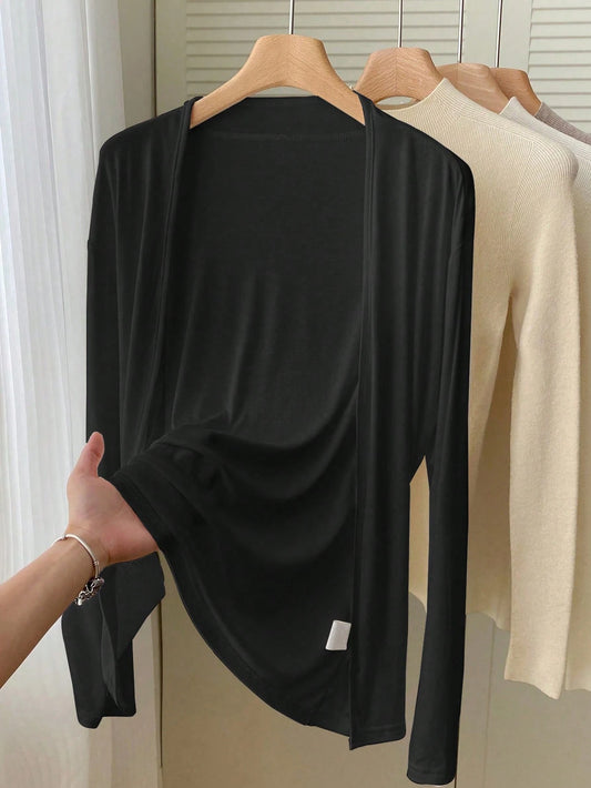 LUNE Plus Size Women's Solid Color Loose Front Open Long Sleeve Thin Jacket, Autumn Fall