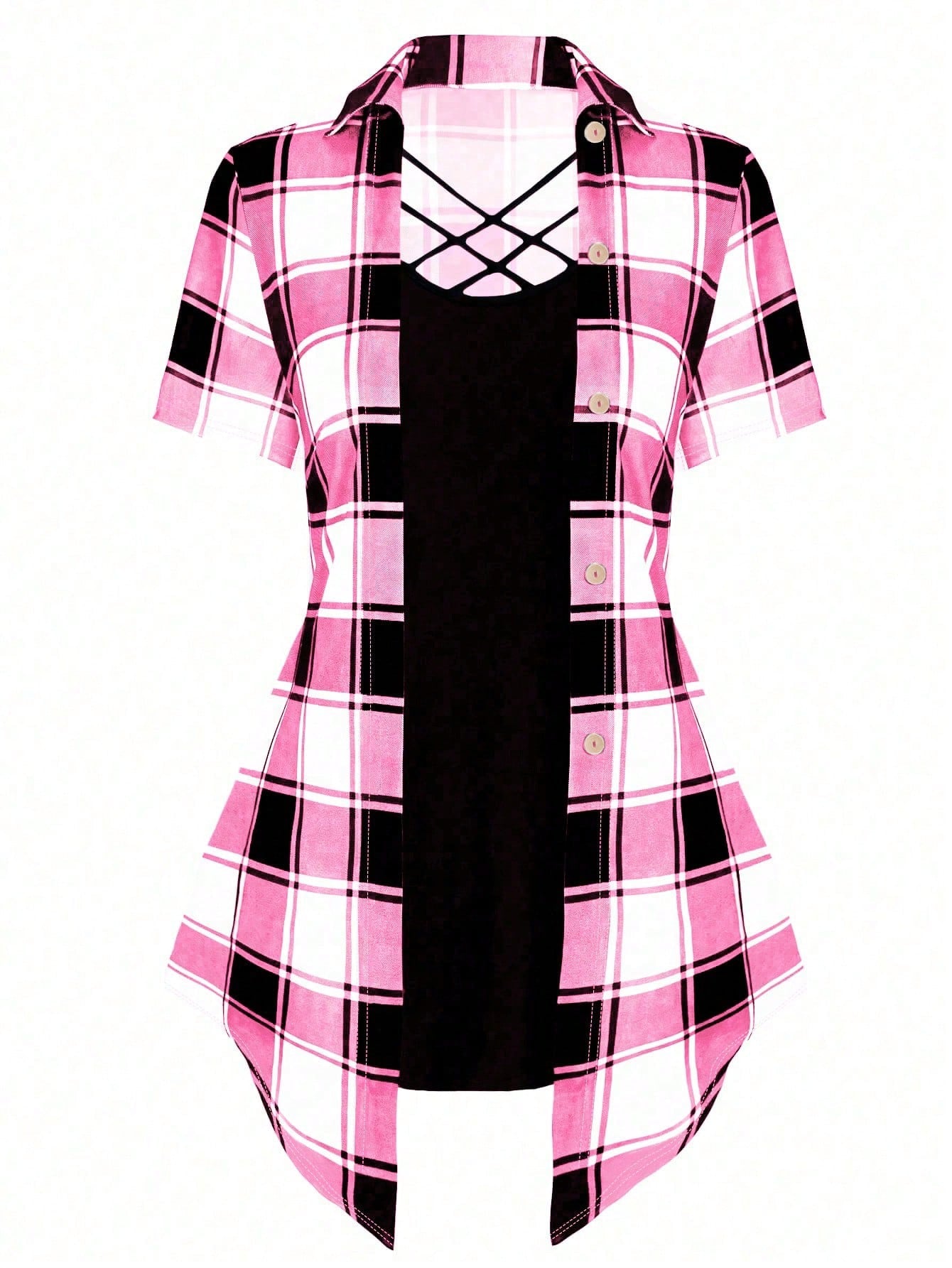 LUNE Plus Size Women's Summer Plaid Patchwork Short Sleeve Casual T-Shirt (With 2 In 1 Design) Graphic Tees Women Tops