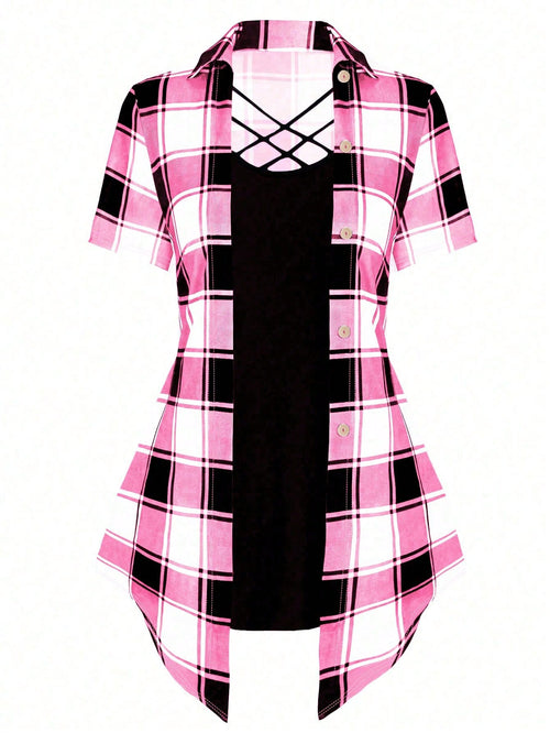 LUNE Plus Size Women's Summer Plaid Patchwork Short Sleeve Casual T-Shirt (With 2 In 1 Design) Graphic Tees Women Tops