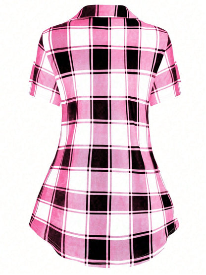 LUNE Plus Size Women's Summer Plaid Patchwork Short Sleeve Casual T-Shirt (With 2 In 1 Design) Graphic Tees Women Tops
