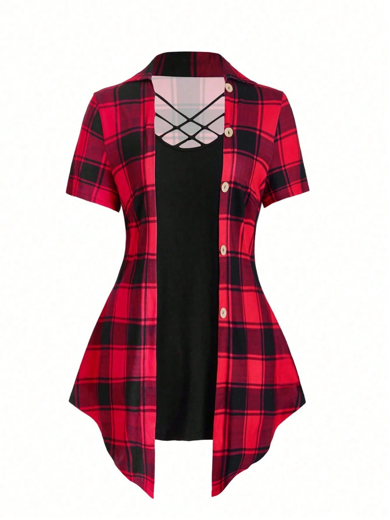 LUNE Plus Size Women's Summer Plaid Patchwork Short Sleeve Casual T-Shirt (With 2 In 1 Design) Graphic Tees Women Tops