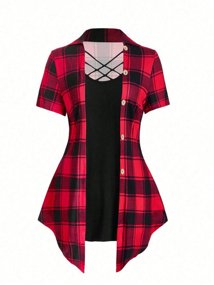 LUNE Plus Size Women's Summer Plaid Patchwork Short Sleeve Casual T-Shirt (With 2 In 1 Design) Graphic Tees Women Tops