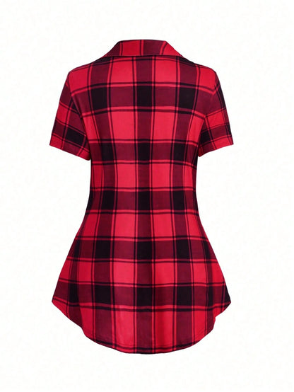 LUNE Plus Size Women's Summer Plaid Patchwork Short Sleeve Casual T-Shirt (With 2 In 1 Design) Graphic Tees Women Tops