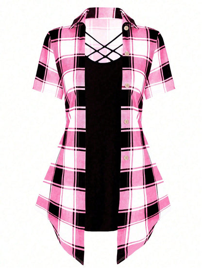 LUNE Plus Size Women's Summer Plaid Patchwork Short Sleeve Casual T-Shirt (With 2 In 1 Design) Graphic Tees Women Tops