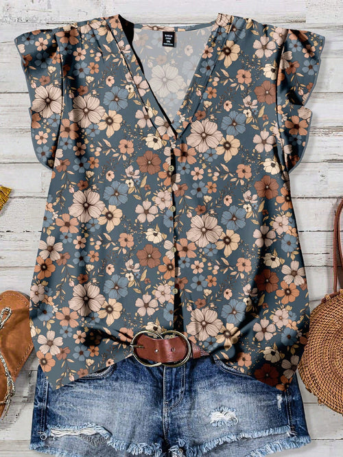 LUNE Plus Size Women V-Neck Floral Print Casual Minimalist Shirt, Suitable For Summer Fall