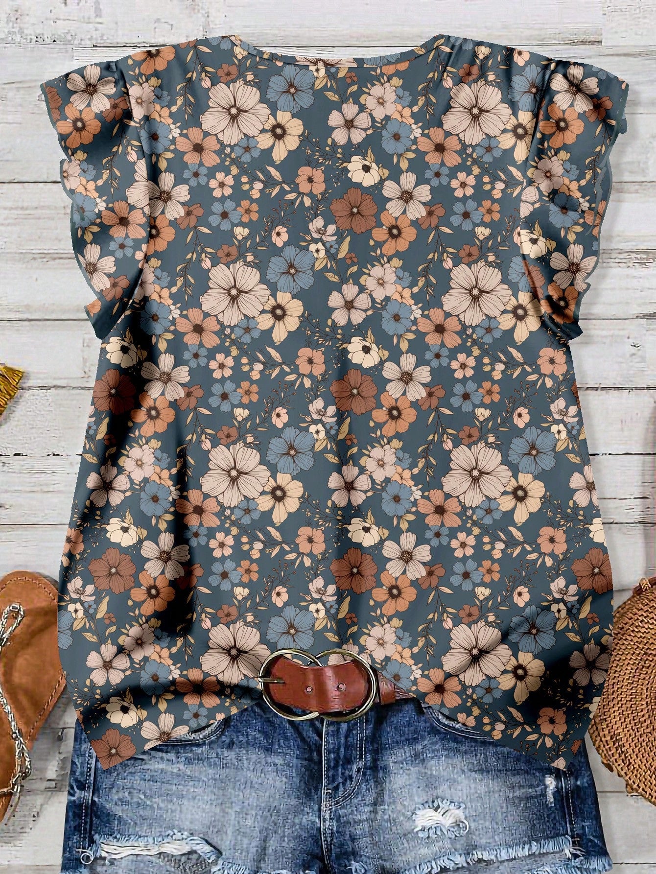 LUNE Plus Size Women V-Neck Floral Print Casual Minimalist Shirt, Suitable For Summer Fall