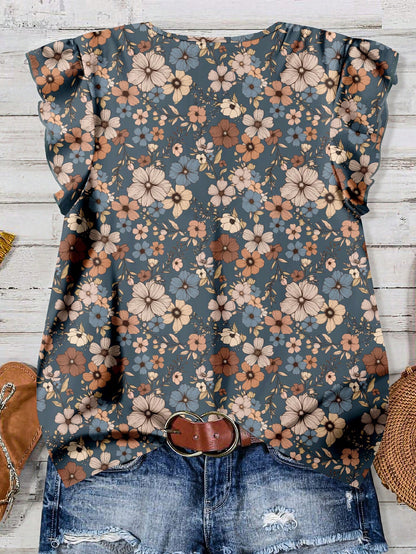 LUNE Plus Size Women V-Neck Floral Print Casual Minimalist Shirt, Suitable For Summer Fall