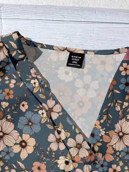 LUNE Plus Size Women V-Neck Floral Print Casual Minimalist Shirt, Suitable For Summer Fall