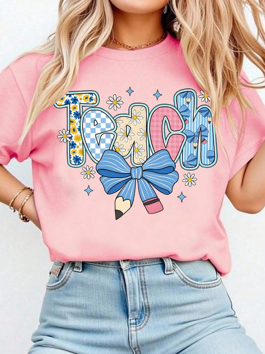 LUNE Preppy Teacher Floral Shirts, Teach Blue Floral Tee, Preppy Teacher Tops, Pencil Bow Teacher Checkered T-Shirts