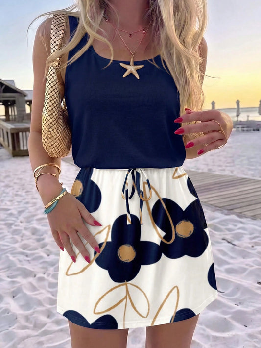 LUNE Women's Casual Printed Short Dress Suitable For Spring And Summer Beach Navy Blue Floral
