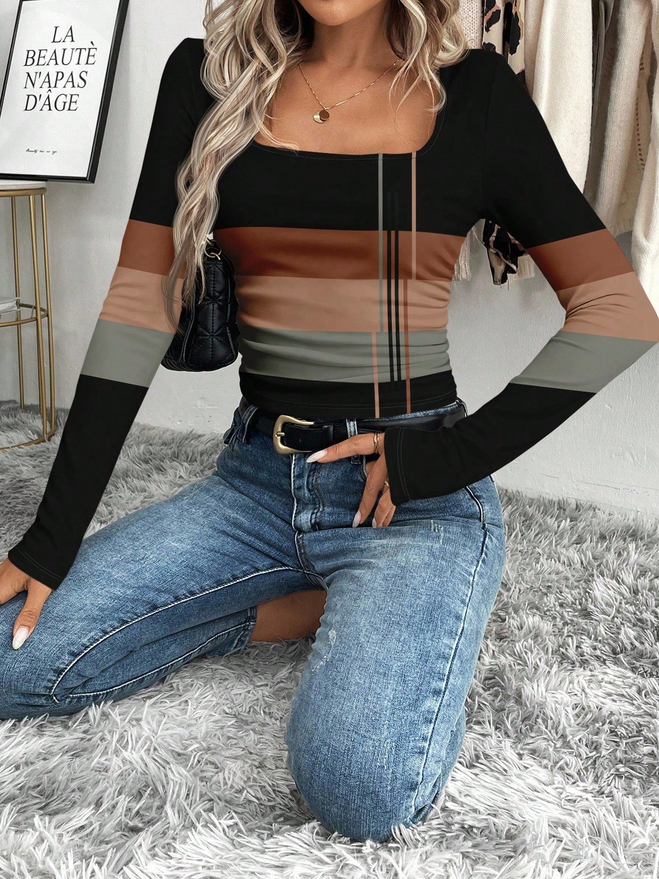 LUNE Women's Casual Striped Print Square Neck Long Sleeve T-Shirt Spring,Summer Top