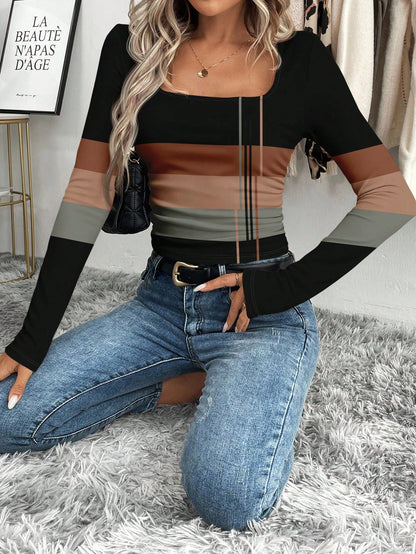 LUNE Women's Casual Striped Print Square Neck Long Sleeve T-Shirt Spring,Summer Top