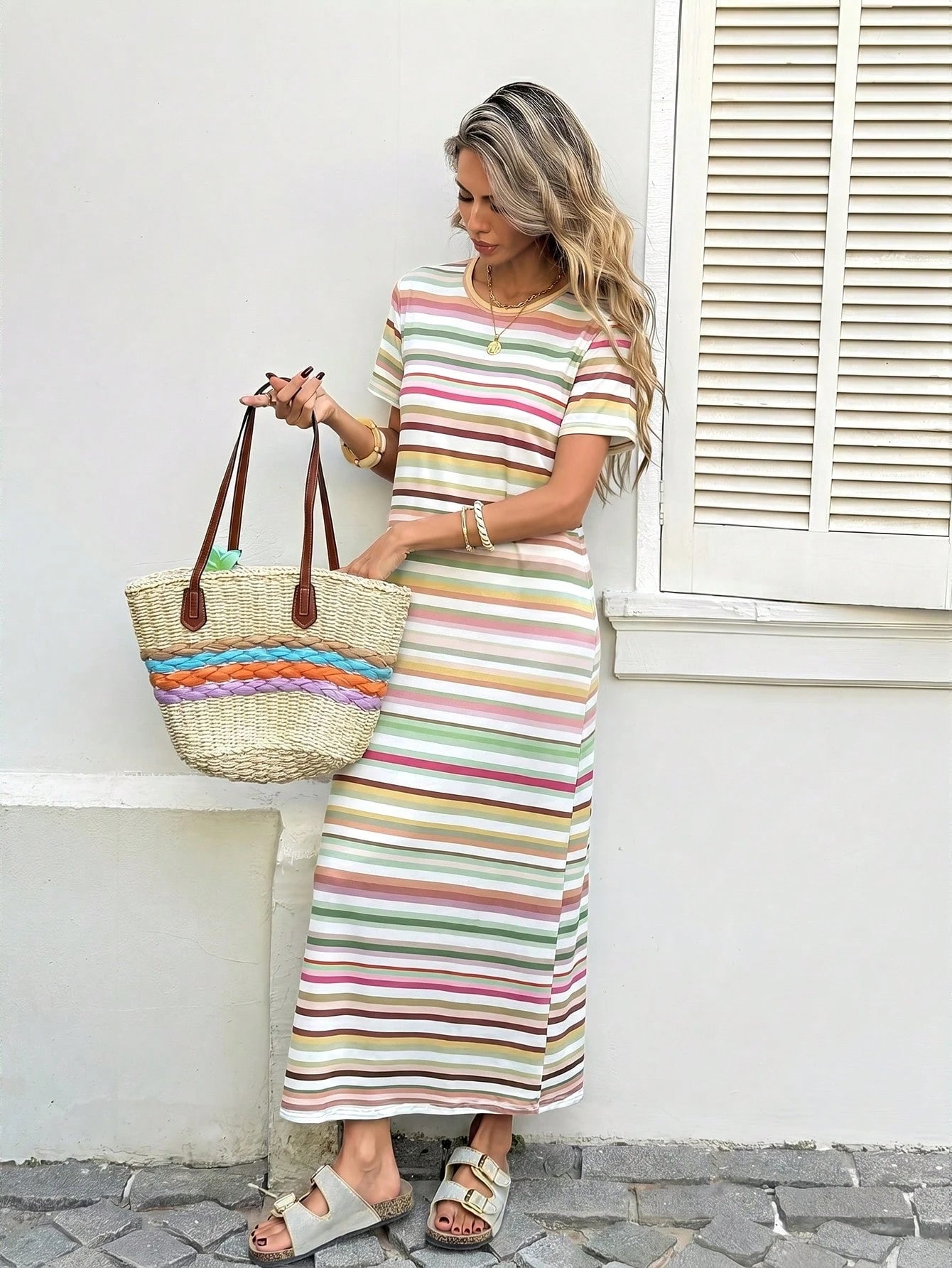 LUNE Women's Casual Tropical White And Pink Belt Decor Summer Vacation Commute Daily Basic Fashion Outing Outfit Short Sleeve Midi Dress Vacation