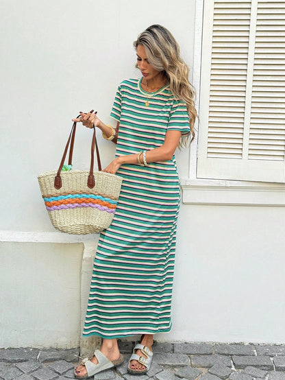 LUNE Women's Casual Tropical White And Pink Belt Decor Summer Vacation Commute Daily Basic Fashion Outing Outfit Short Sleeve Midi Dress Vacation