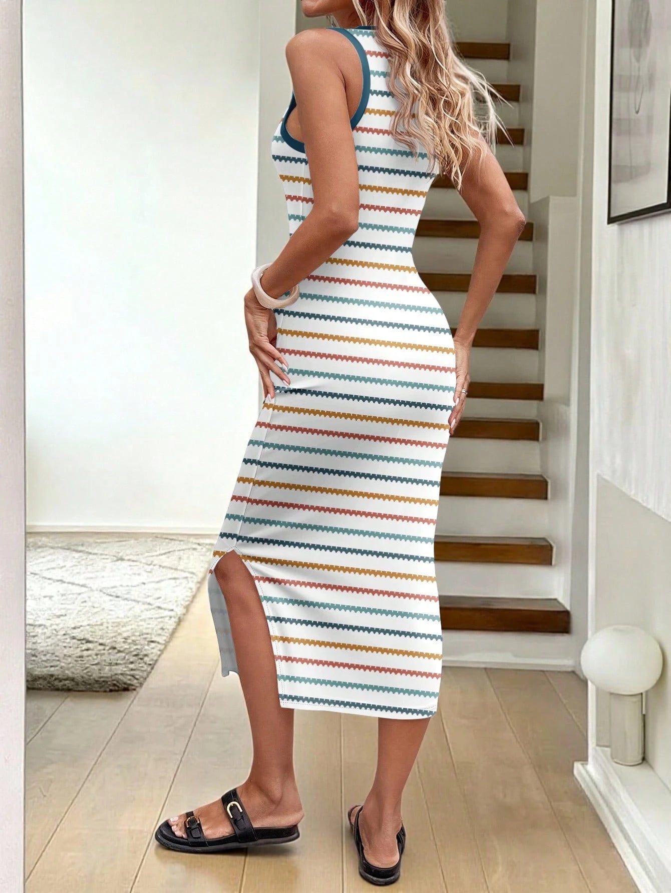 LUNE Women's Round Neck Striped Patchwork Casual Party Midi Dress,Dresses For Women Summer