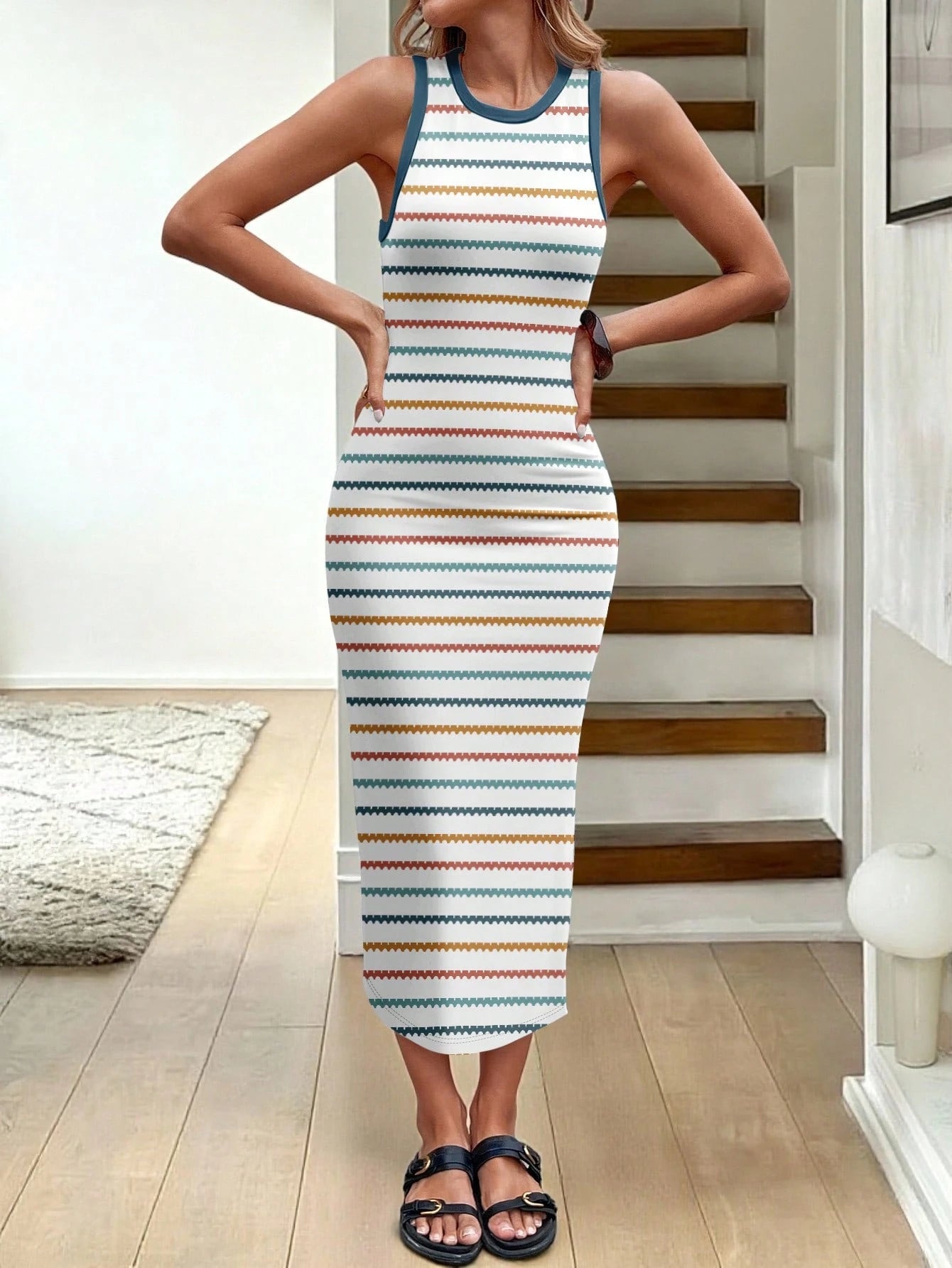 LUNE Women's Round Neck Striped Patchwork Casual Party Midi Dress,Dresses For Women Summer