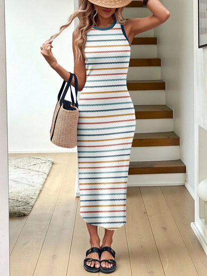 LUNE Women's Round Neck Striped Patchwork Casual Party Midi Dress,Dresses For Women Summer