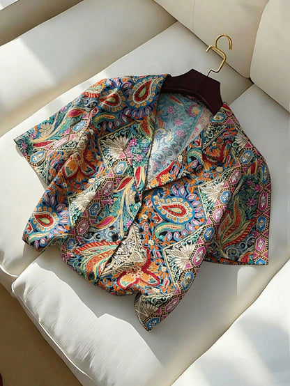 LUNE Women's Summer Floral Print Bohemian Blouse, Casual Vacation Shirt