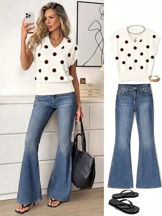 LUNE Women's V-Neck Printed T-Shirt, Versatile For Summer