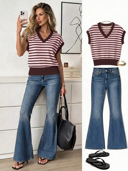 LUNE Women's V-Neck Printed T-Shirt, Versatile For Summer