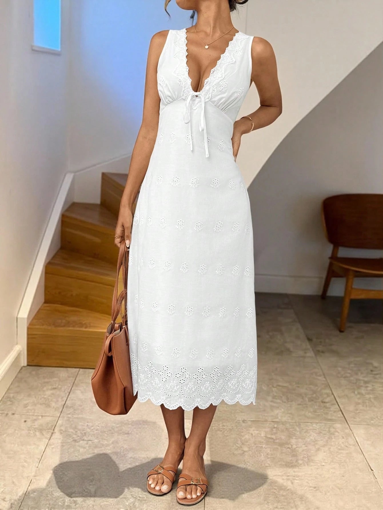 LUNE Women's White Embroidery Lace-Up Mid-Length Sleeveless Dress,Boho Summer Holiday Tea Party Eyelet Lace Trim Casual Graduation Wedding Beach Outfits