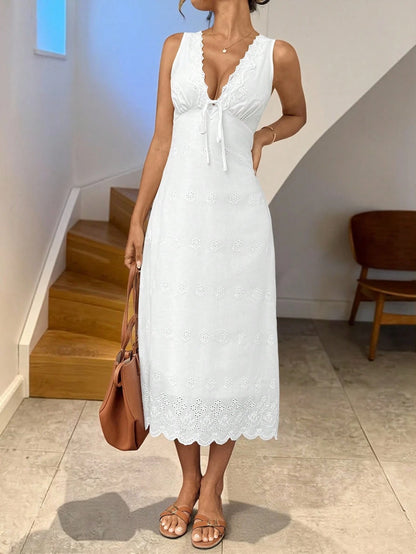 LUNE Women's White Embroidery Lace-Up Mid-Length Sleeveless Dress,Boho Summer Holiday Tea Party Eyelet Lace Trim Casual Graduation Wedding Beach Outfits