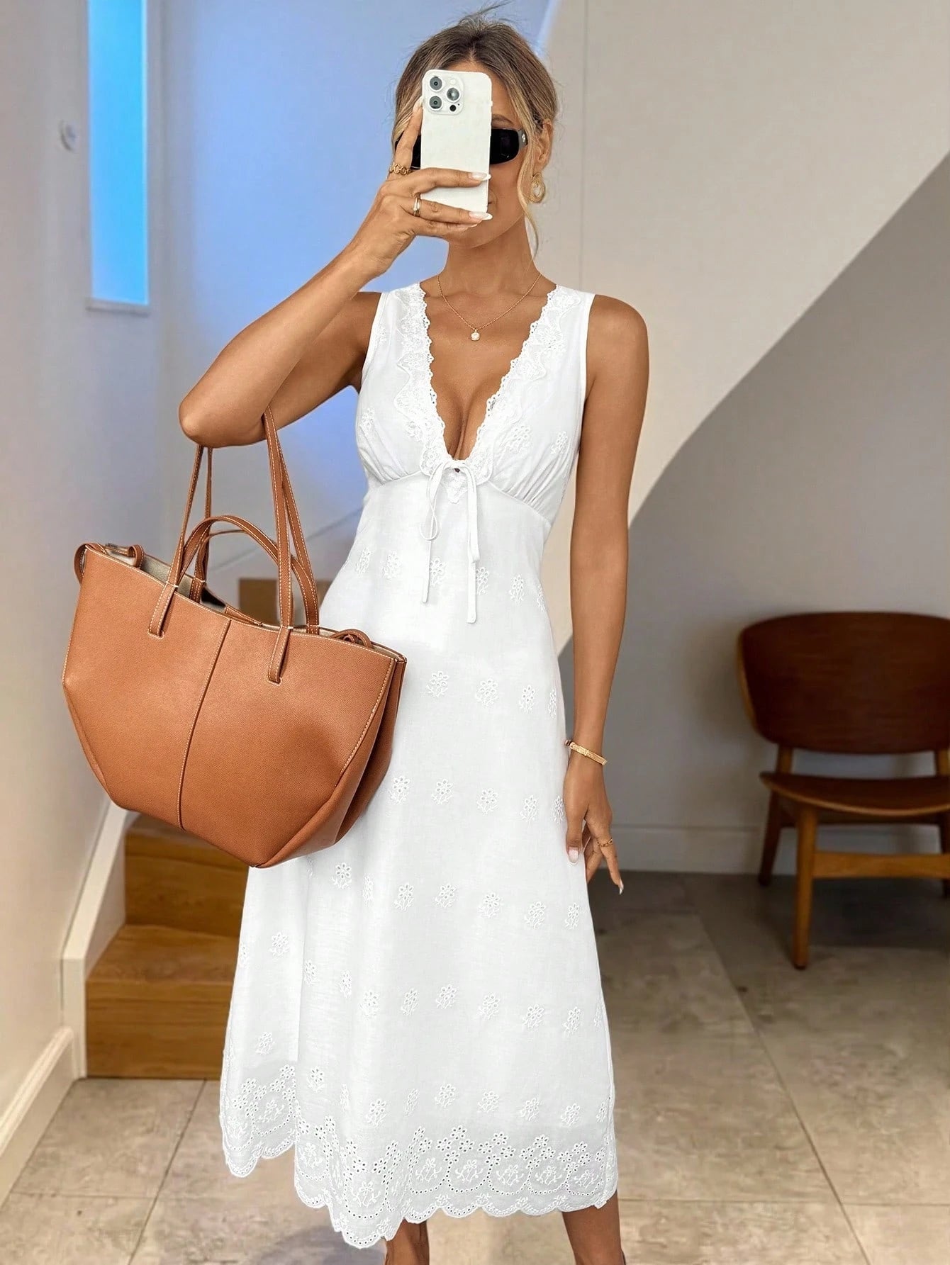 LUNE Women's White Embroidery Lace-Up Mid-Length Sleeveless Dress,Boho Summer Holiday Tea Party Eyelet Lace Trim Casual Graduation Wedding Beach Outfits
