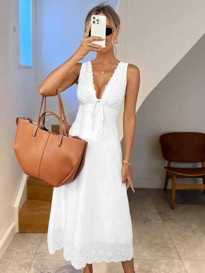 LUNE Women's White Embroidery Lace-Up Mid-Length Sleeveless Dress,Boho Summer Holiday Tea Party Eyelet Lace Trim Casual Graduation Wedding Beach Outfits
